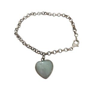 925 STERLING SILVER BRACELET WITH JADE HEART CHARM  Round Link Chain LOVE